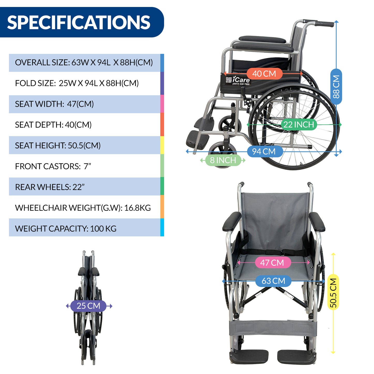 iCare MV11 Self-Propelled Steel Manual Wheelchair, Lightweight & Foldable