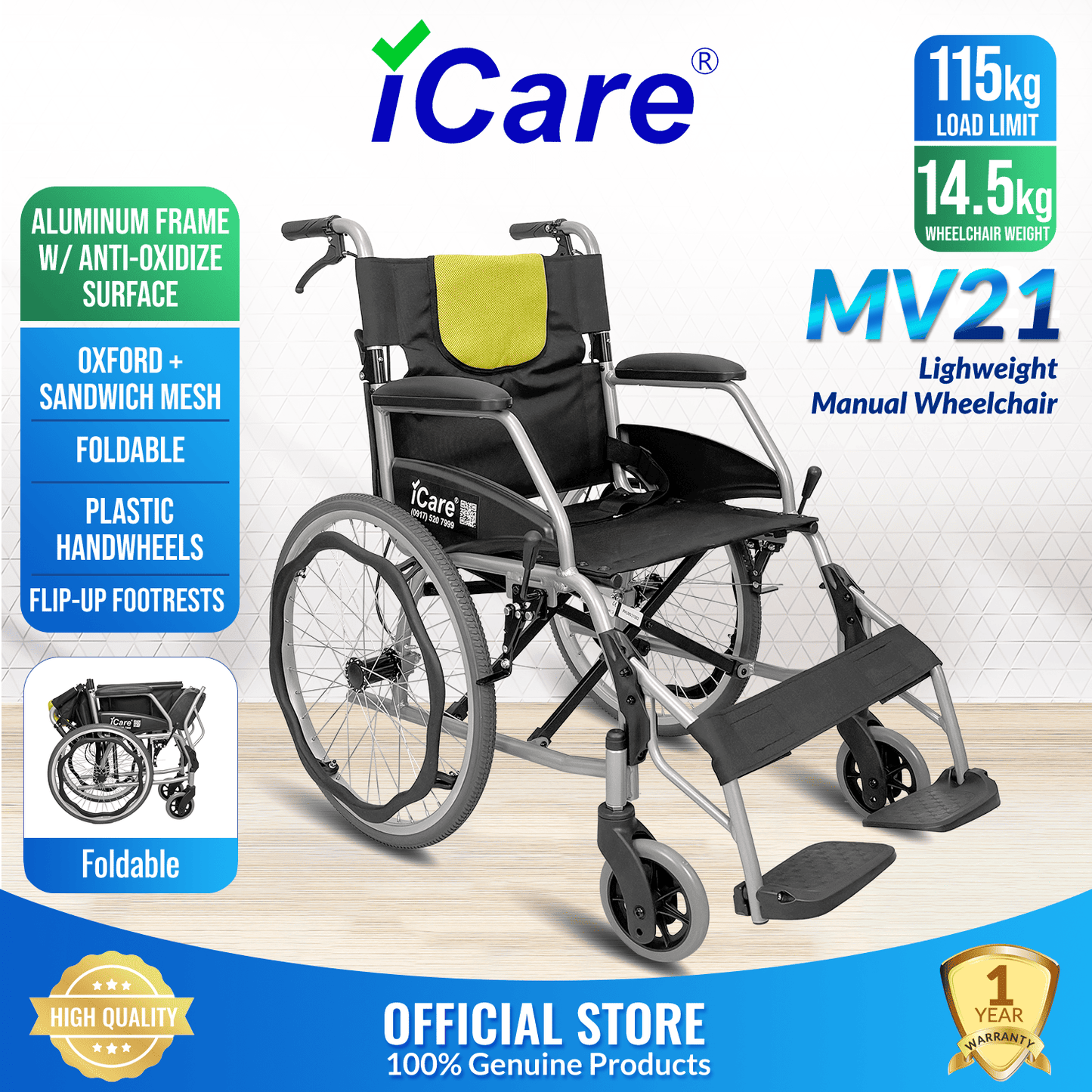 iCare MV21 Self-Propelled Aluminum Manual Wheelchair, Super Lightweight, Foldable & Compact - Easy to Transport