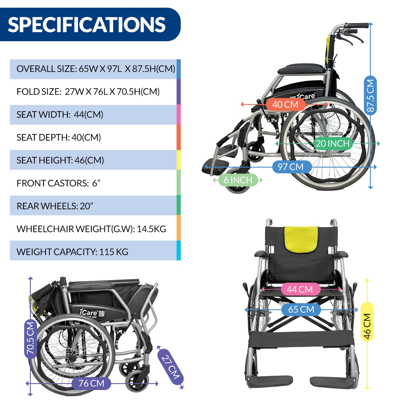iCare MV21 Self-Propelled Aluminum Manual Wheelchair, Super Lightweight, Foldable & Compact - Easy to Transport