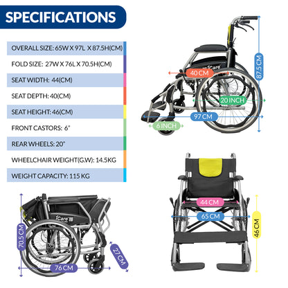 iCare MV21 Self-Propelled Aluminum Manual Wheelchair, Super Lightweight, Foldable & Compact - Easy to Transport