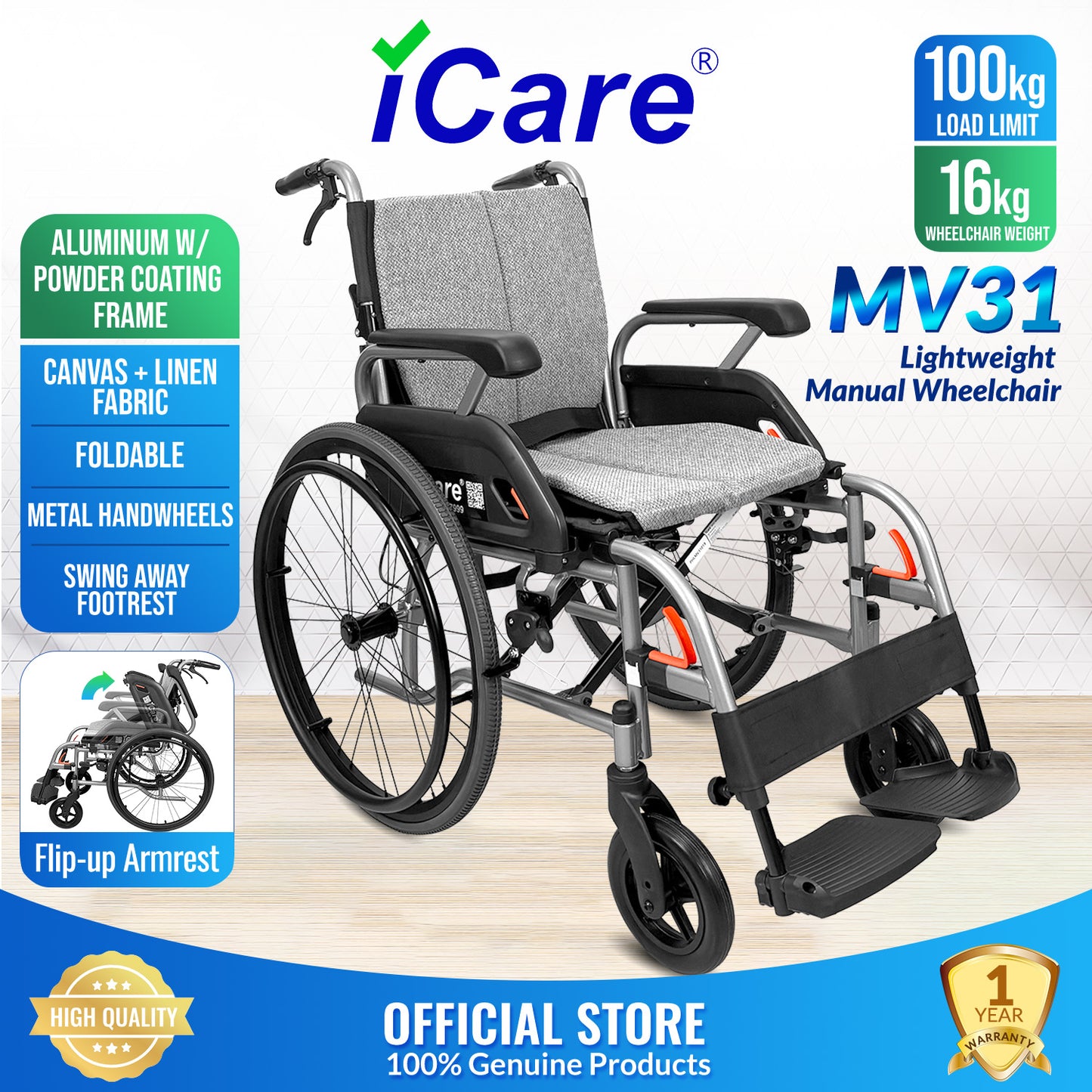 iCare MV31 Self-Propelled Aluminum Manual Wheelchair, Super Lightweight, Compact, w/ Flip-up Armrest