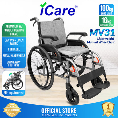 iCare MV31 Self-Propelled Aluminum Manual Wheelchair, Super Lightweight, Compact, w/ Flip-up Armrest