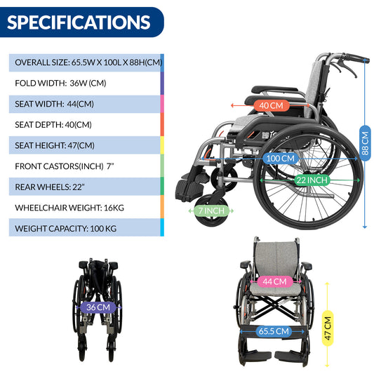 iCare MV31 Self-Propelled Aluminum Manual Wheelchair, Super Lightweight, Compact, w/ Flip-up Armrest