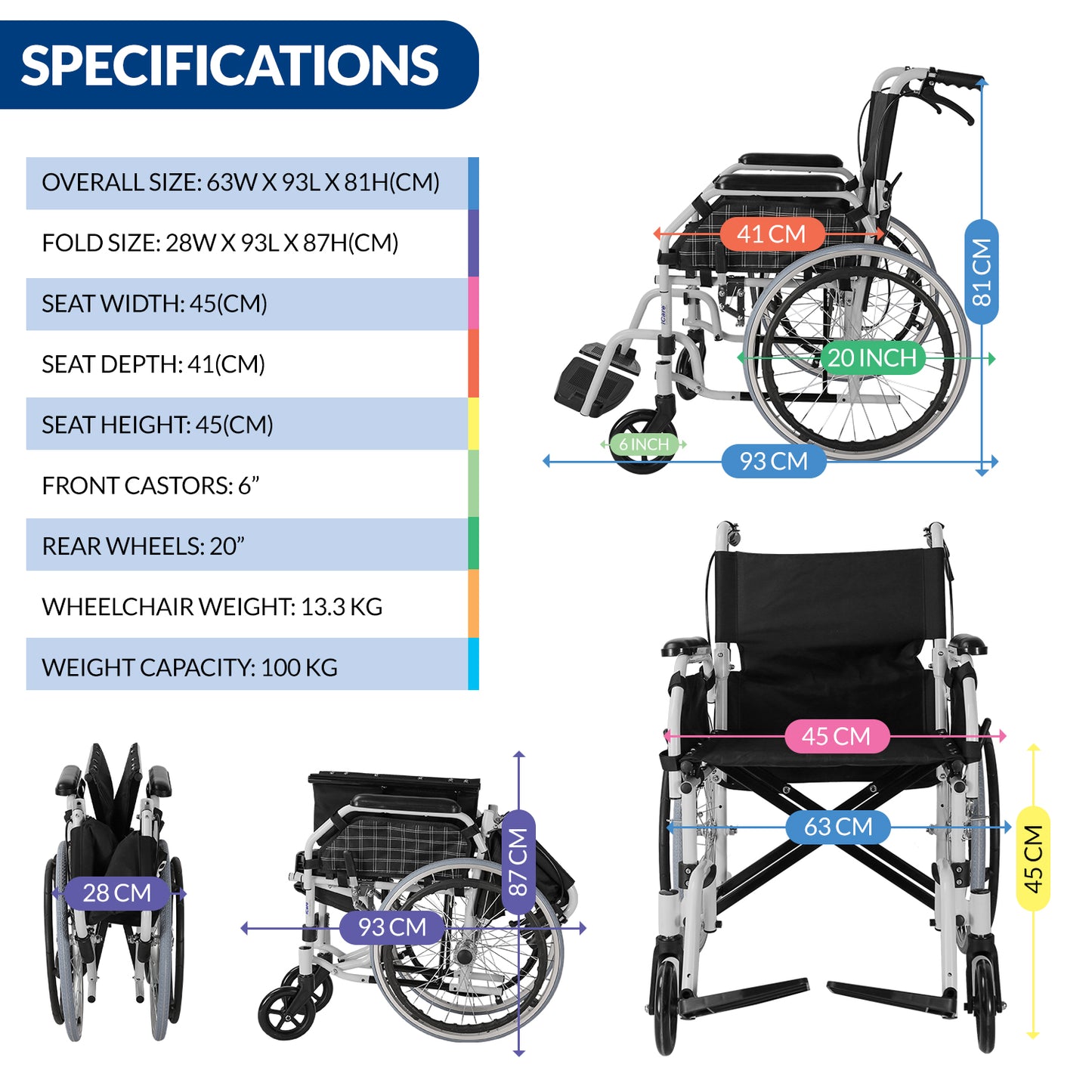 iCare® MW210 Glide Steel Manual Wheelchair with Handle brakes, Folding Anti-Slip Pedals and Self-Propel Design for Disabled and Elderly