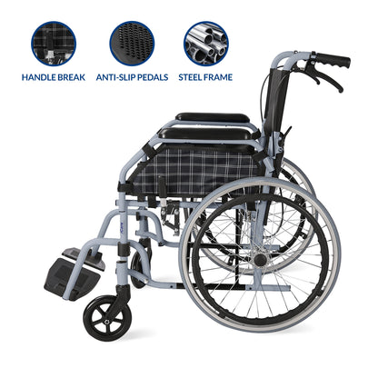 iCare® MW210 Glide Steel Manual Wheelchair with Handle brakes, Folding Anti-Slip Pedals and Self-Propel Design for Disabled and Elderly