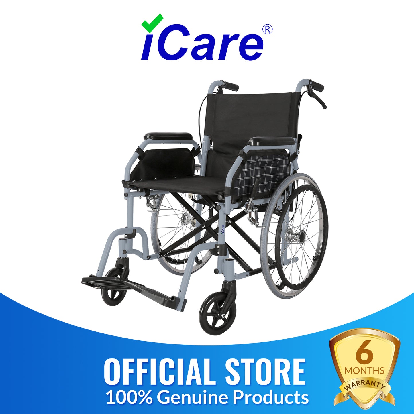 iCare® MW210 Glide Steel Manual Wheelchair with Handle brakes, Folding Anti-Slip Pedals and Self-Propel Design for Disabled and Elderly