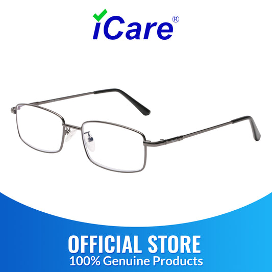 iCare RA101 Gun Color(Shiny Warm Gray + Black) Rectangular Glasses Metal Frame, Memory Titanium Temples and CR39 HD Reading Lenses with Acetate Tips