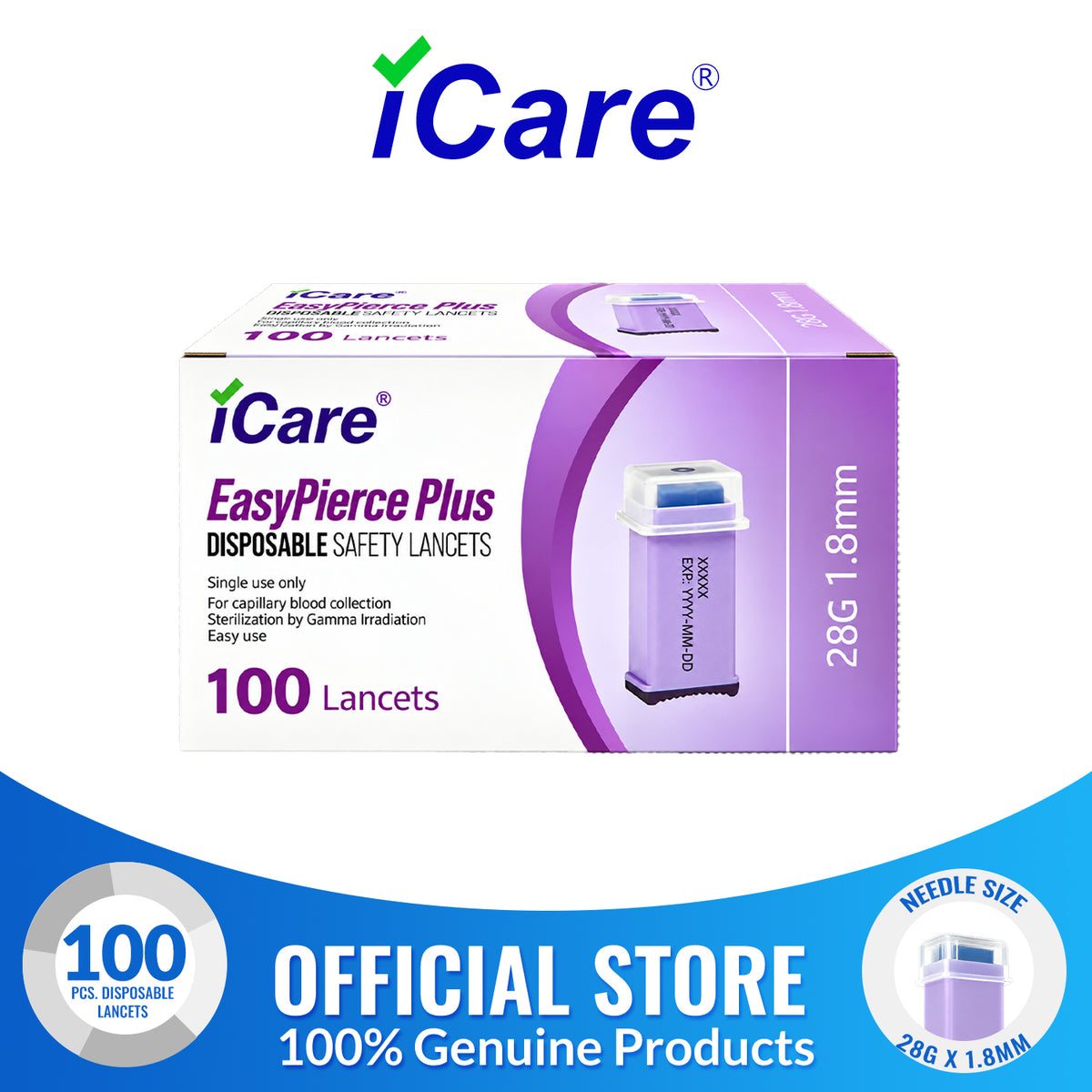 iCare EasyPierce Plus Disposable Safety Lancets 28Gx1.8mm