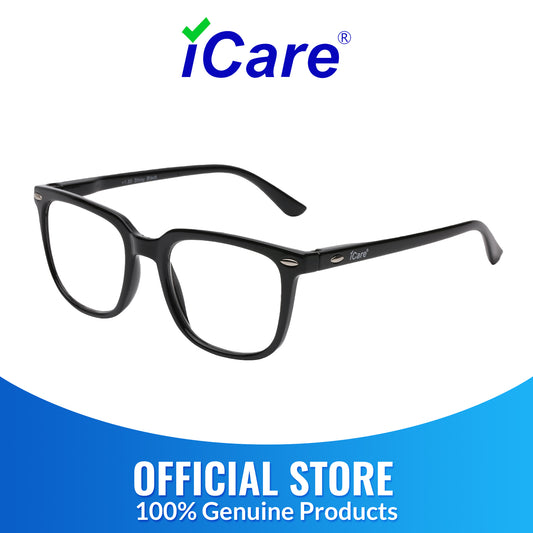iCare RA302 Shiny Black Square Reading Glasses PC Frame, PC Temples and Grade A AC Lenses