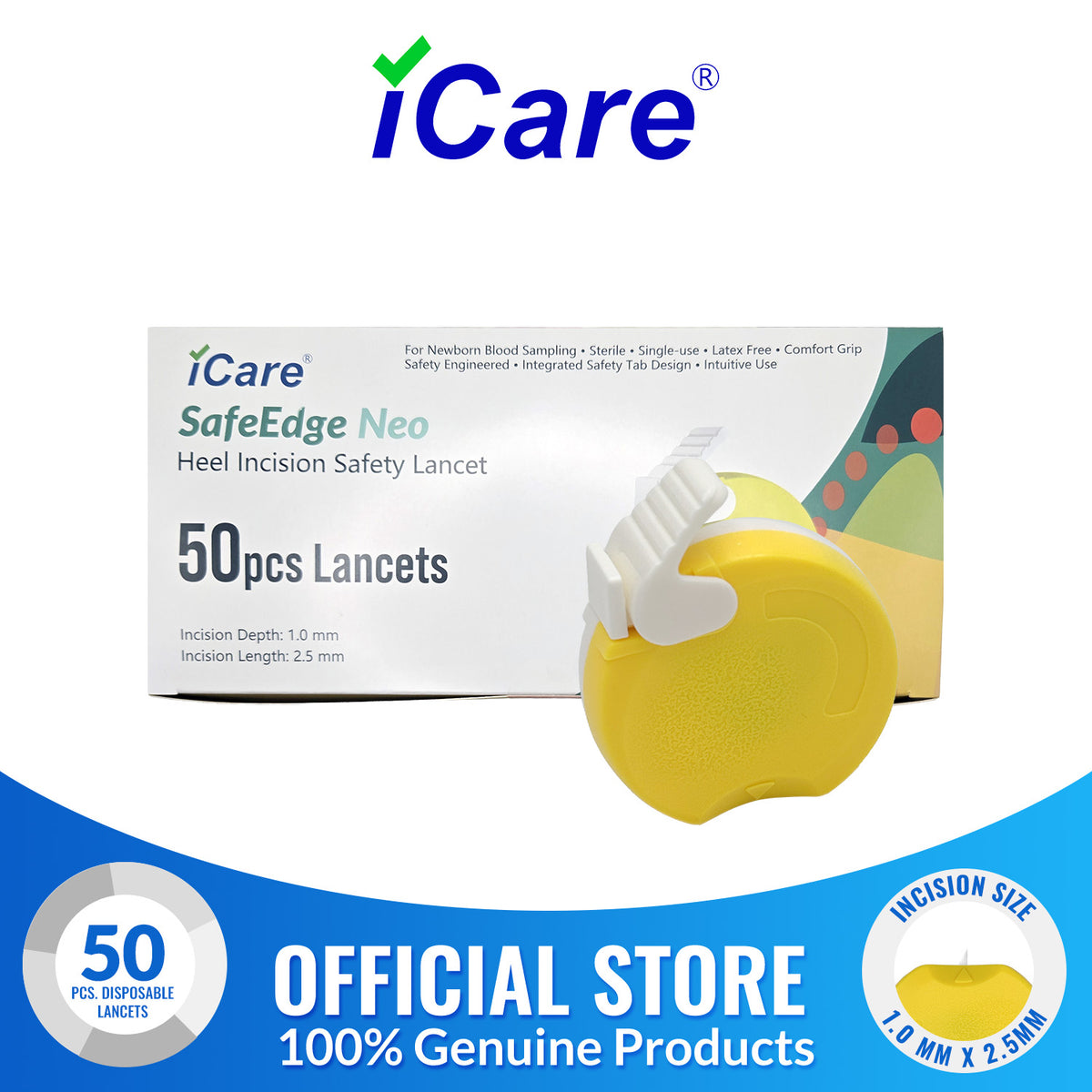 iCare SafeEdge Neo Heel Incision Safety Lancet for Newborn Blood Sampling, Sterile, Single-Use, Latex Free, Comfort Grip, Safety Engineered