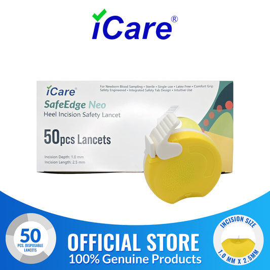 iCare SafeEdge Neo Heel Incision Safety Lancet for Newborn Blood Sampling, Sterile, Single-Use, Latex Free, Comfort Grip, Safety Engineered