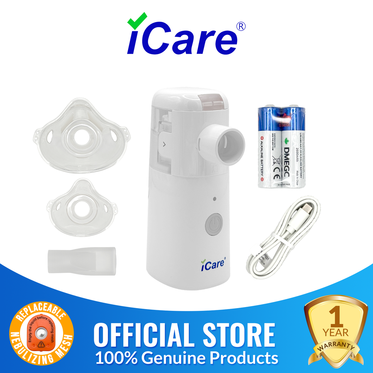 iCare N64 FlexiAir Portable Mesh Nebulizer with Replaceable Mesh, USB/Battery Powered, Mouthpiece & Masks for Kids and Adults