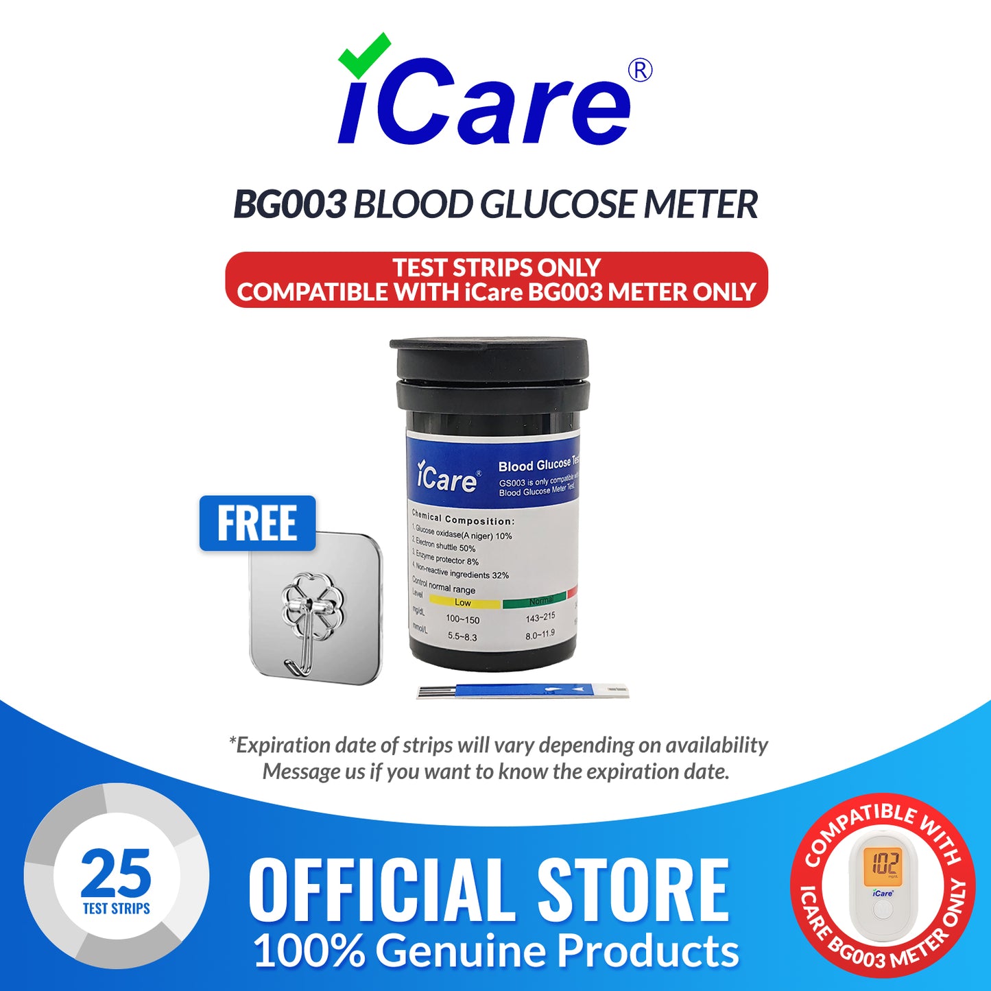 iCare 25pcs Blood Glucose Test Strips for iCare BG003 Blood Glucose Meter  Compatible with BG003 Blood Glucose Meter ONLY