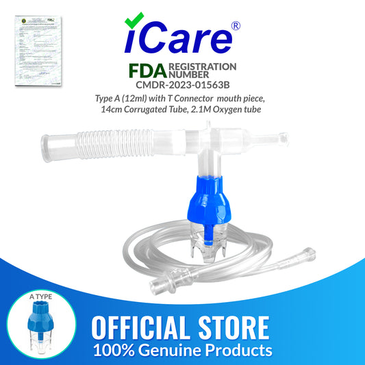 iCare® NM06-003A (12mL) Nebulizer Kit with T Connector, Mouth Piece, 14cm Corrugated Tube, 2.1m Oxygen Tube