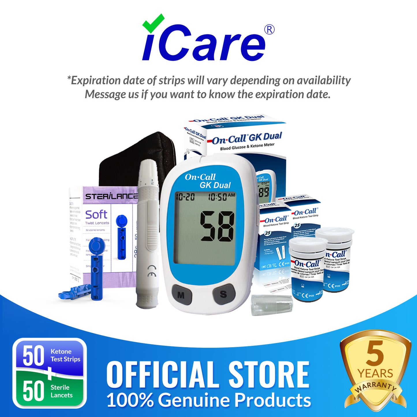iCare® On Call GK Dual 2 in 1 Blood Glucose and Ketone Meter - with Test Strips and Lancets