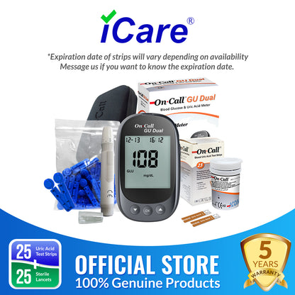 iCare® On Call GU Dual 2 in 1 Blood Glucose and Uric Acid Meter with Test Strips and Lancets
