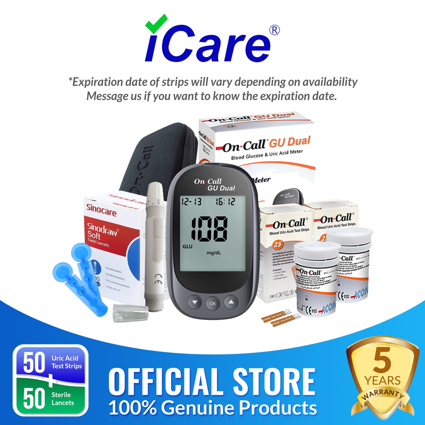 iCare® On Call GU Dual 2 in 1 Blood Glucose and Uric Acid Meter with Test Strips and Lancets