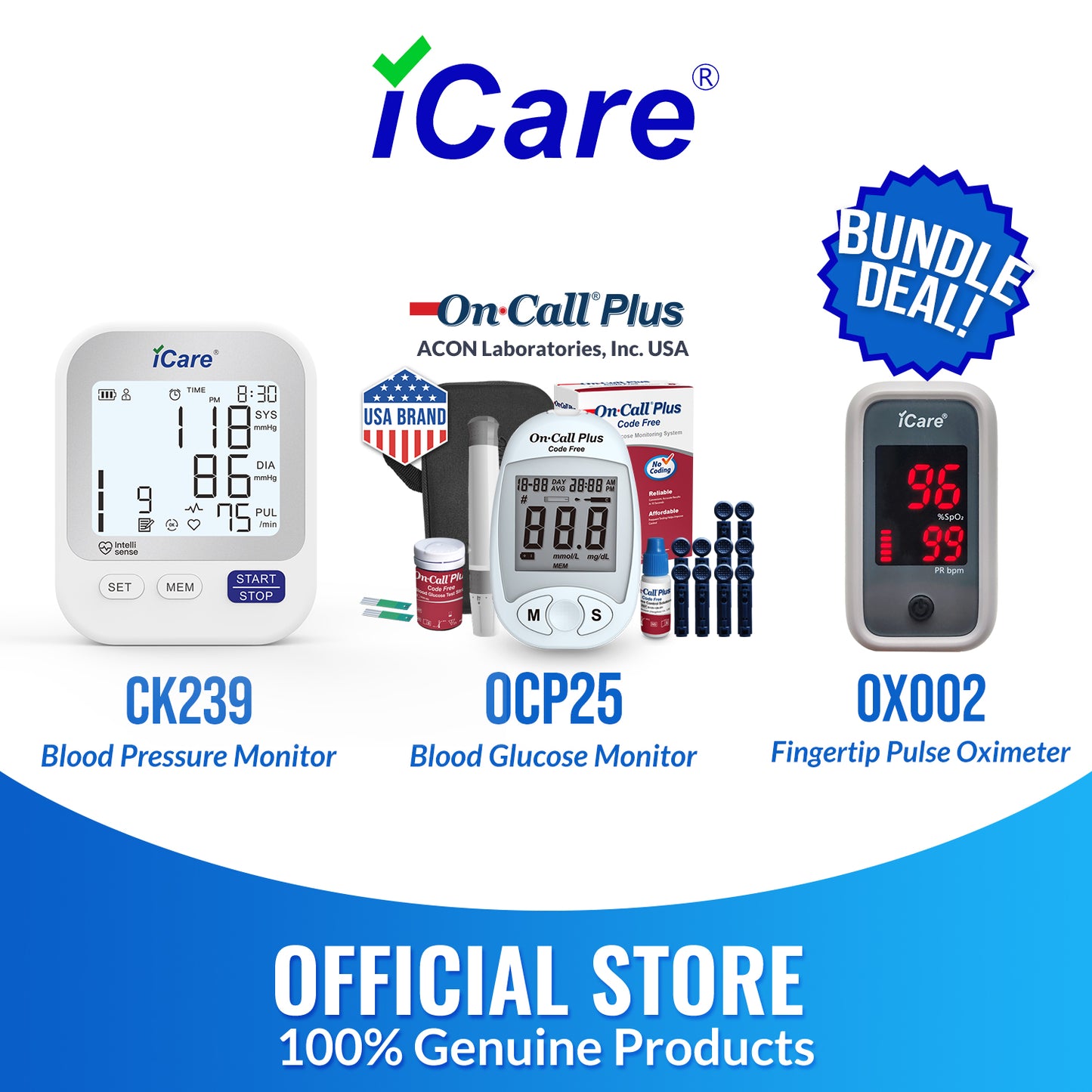 iCare Bundle Deal 14 OX002 Oximeter + On Call Plus Glucose Meter Set+ CK239 BP Monitor, Fingertip Pulse Oximeter with Glucose Meter and Blood Pressure Monitor Bundle