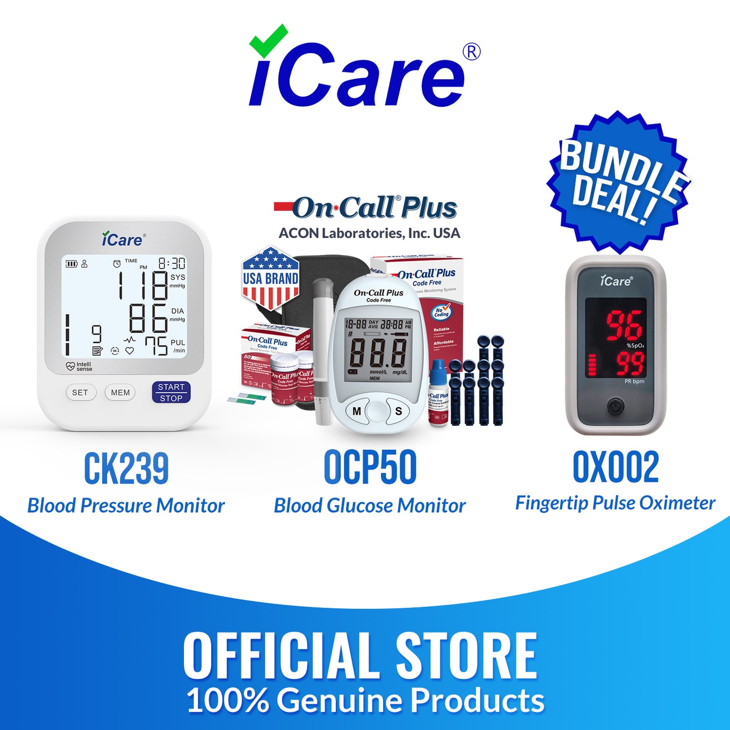 iCare Bundle Deal 14 OX002 Oximeter + On Call Plus Glucose Meter Set+ CK239 BP Monitor, Fingertip Pulse Oximeter with Glucose Meter and Blood Pressure Monitor Bundle