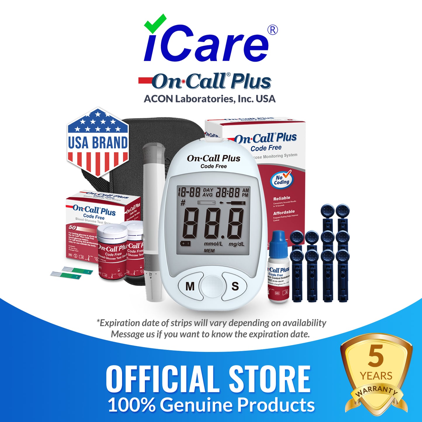 iCare® On Call Plus Code Free Blood Glucose Meter (COMPLETE SET) Blood Sugar Monitoring Kit