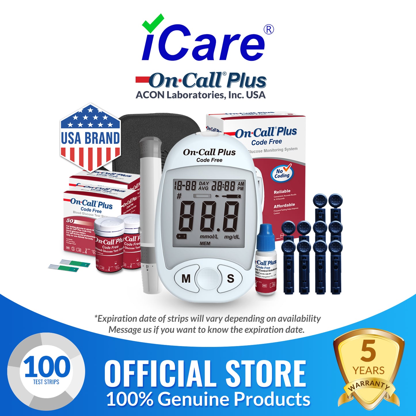 iCare OnCall Plus Code-Free Glucose Meter with 100 Test Strips and 110 Lancets