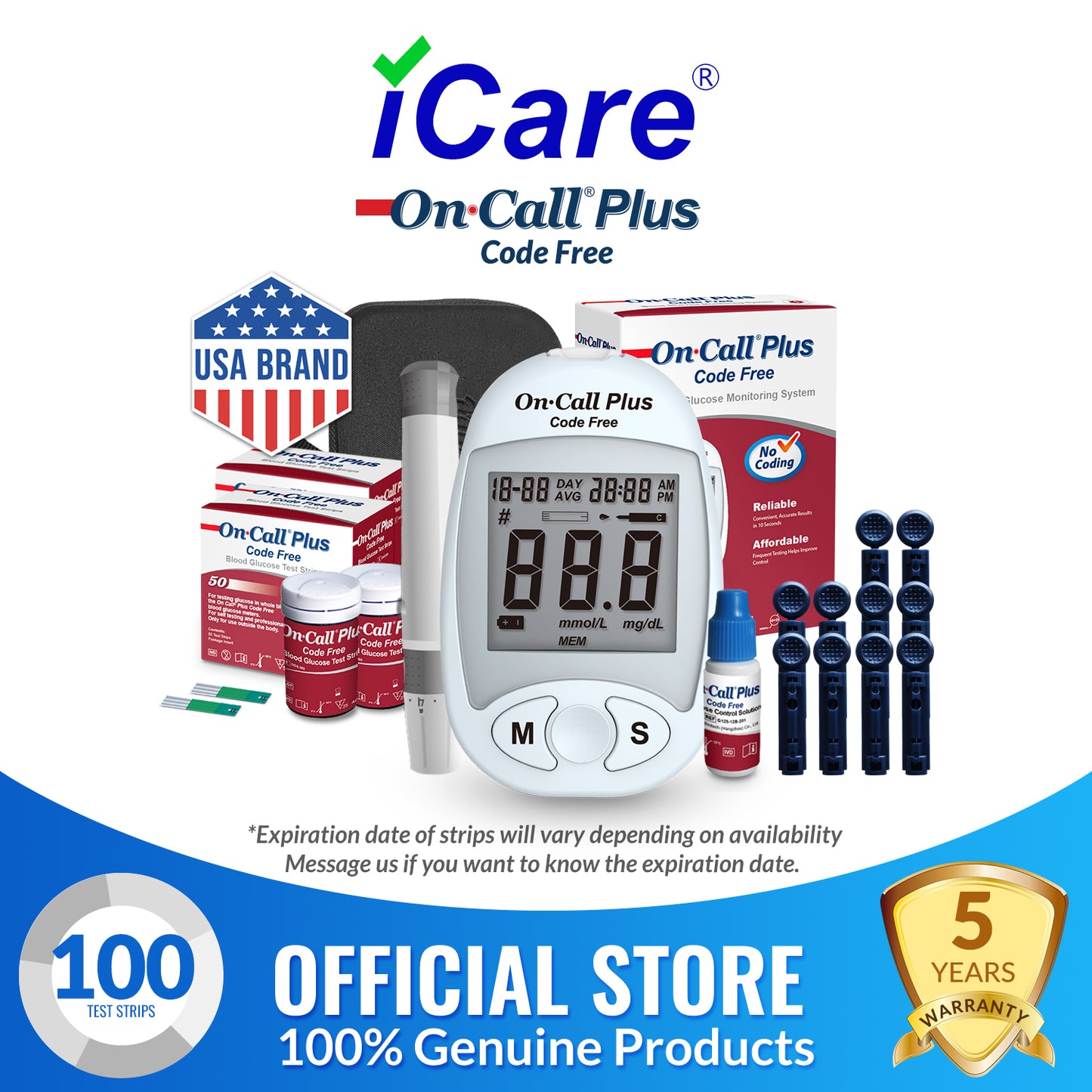 iCare OnCall Plus Code-Free Glucose Meter with 100 Test Strips and 110 Lancets