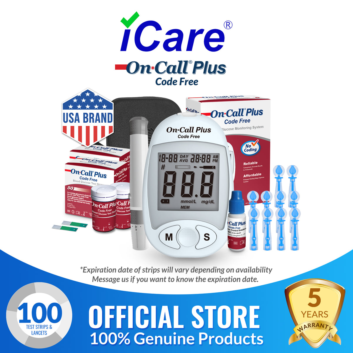 iCare® On Call Plus Code Free Blood Glucose Meter (COMPLETE SET) Blood Sugar Monitoring Kit