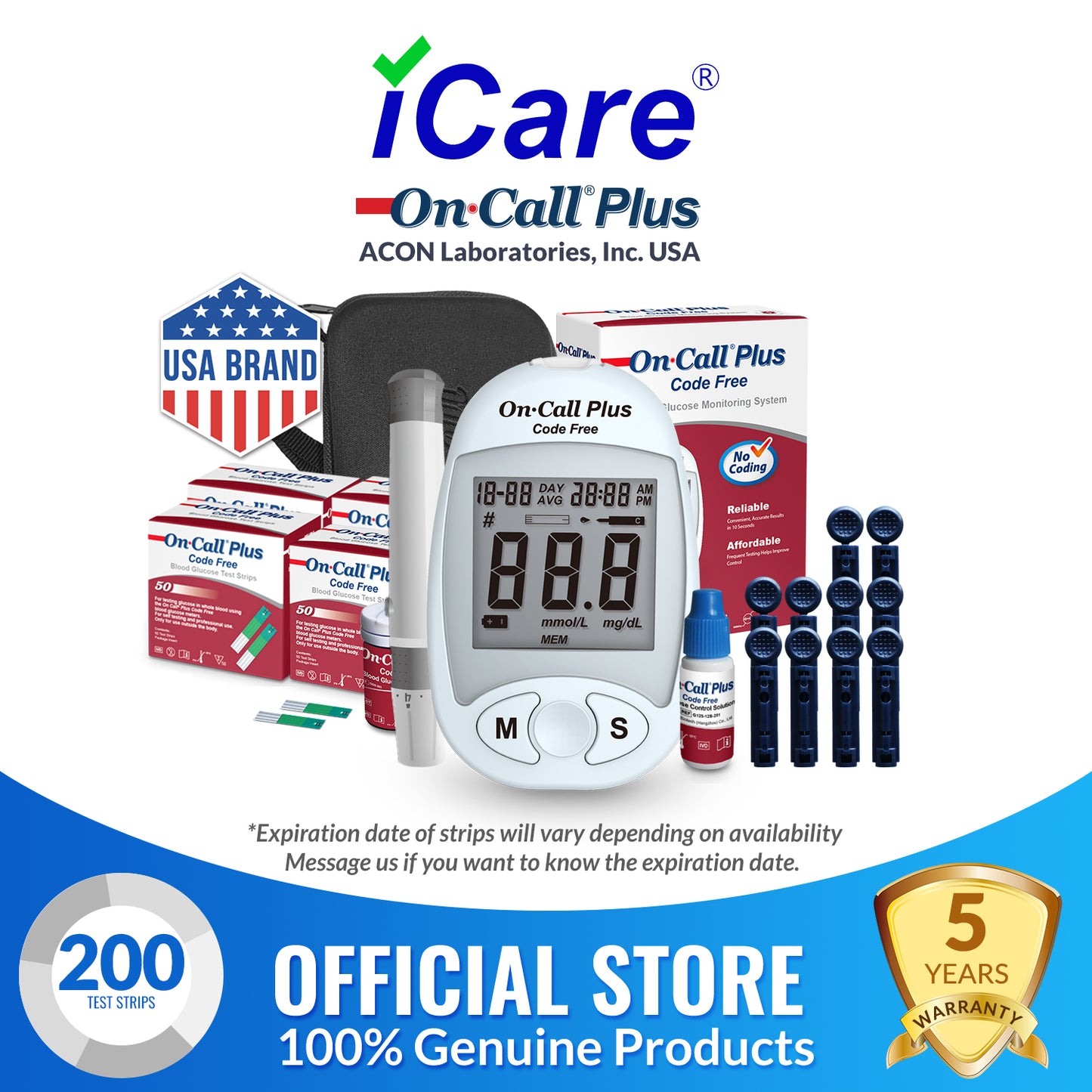 iCare OnCall Plus Code-Free Glucose Meter with 200 Test Strips and 210 Lancets