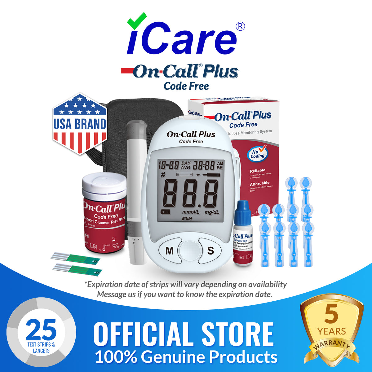 iCare® On Call Plus Code Free Blood Glucose Meter (COMPLETE SET) Blood Sugar Monitoring Kit