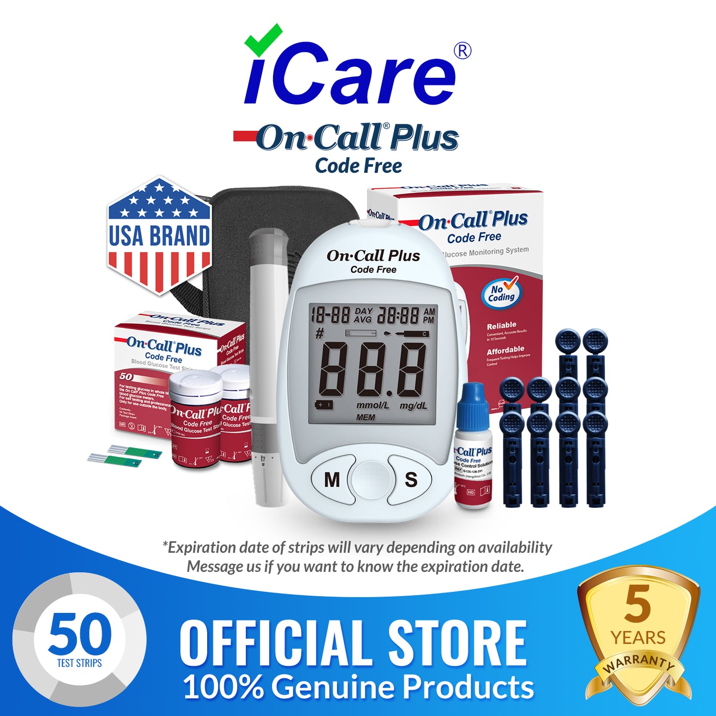 iCare OnCall Plus Code-Free Glucose Meter with 50 Test Strips and 60 Lancets