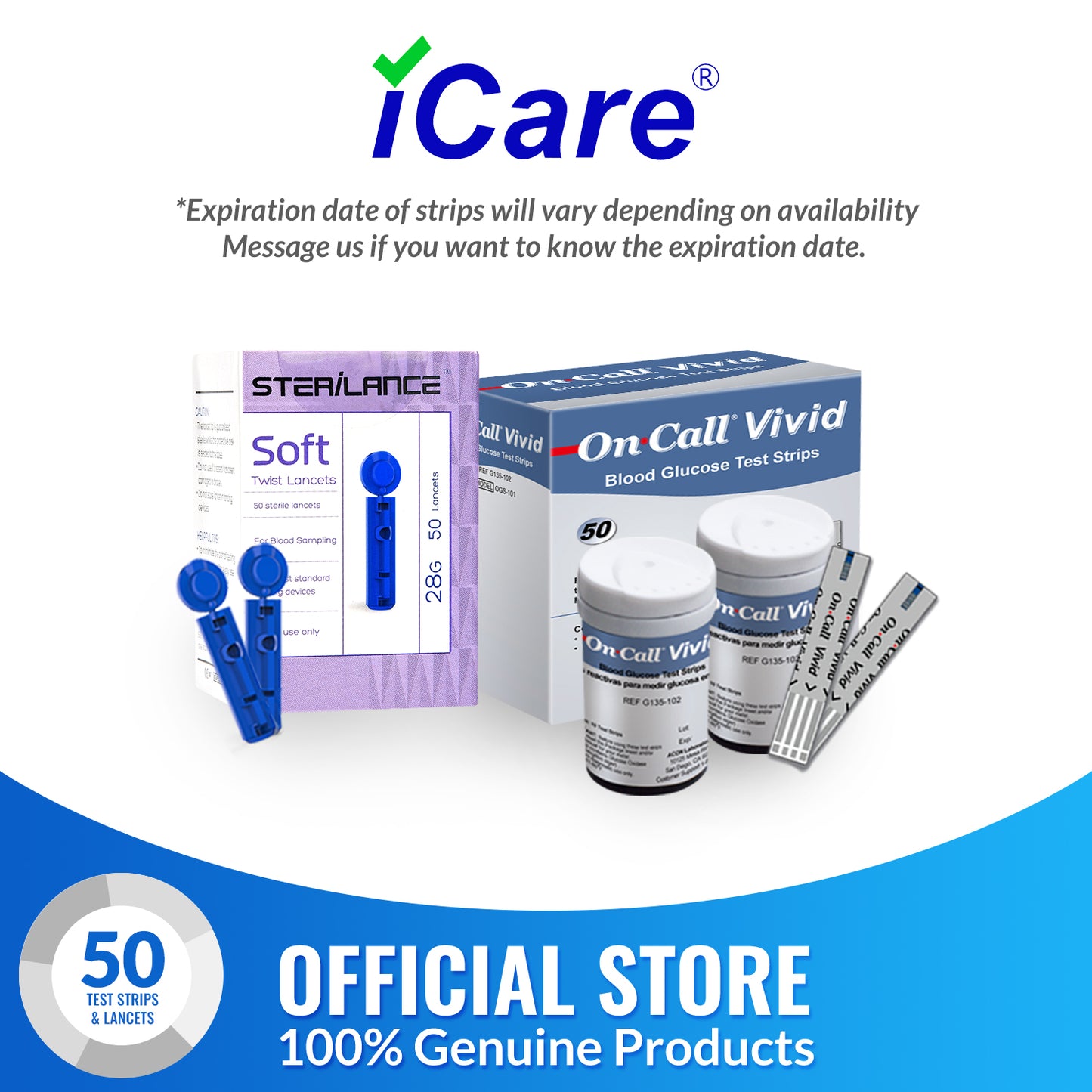 iCare® VividT50 On Call Vivid Test Strips (50 Pieces) in Vial with 50 Lancets ONLY COMPATIBLE WITH ON CALL VIVID BLOOD GLUCOSE MONITORING SYSTEM