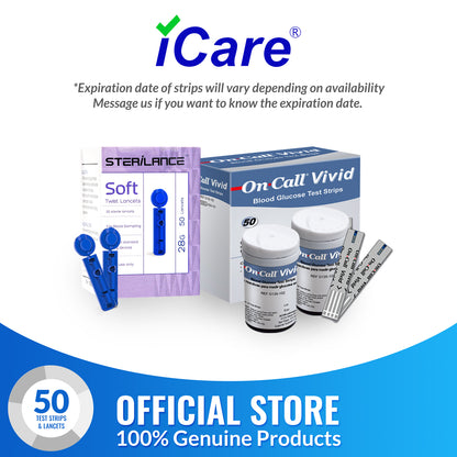 iCare® VividT50 On Call Vivid Test Strips (50 Pieces) in Vial with 50 Lancets ONLY COMPATIBLE WITH ON CALL VIVID BLOOD GLUCOSE MONITORING SYSTEM