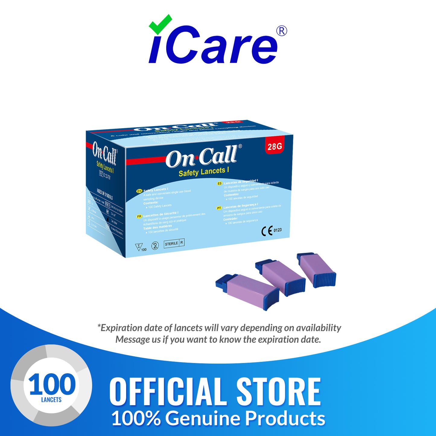 iCare On Call Safety Lancets Pressure Activated Single Use Lancing Device 28G