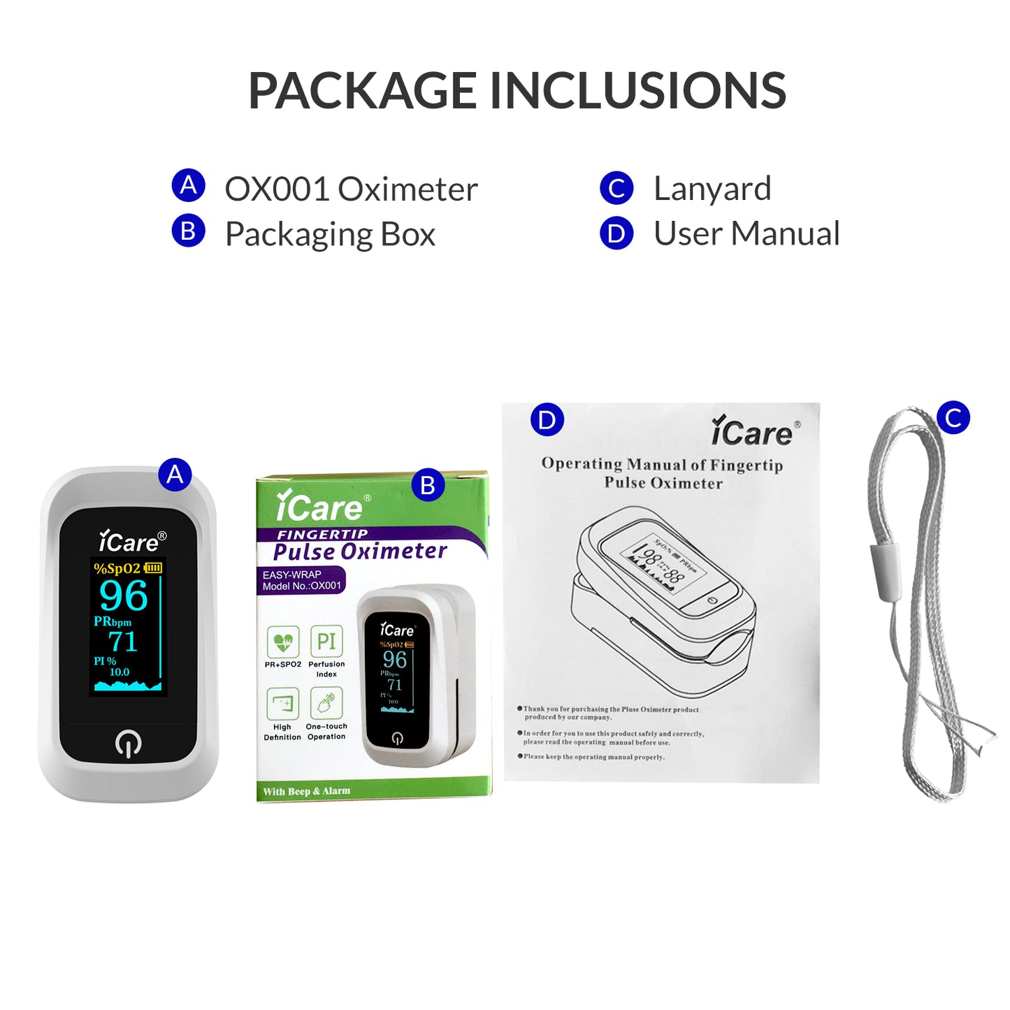 iCare Bundle Deal 34 OX001 Fingertip Pulse Oximeter + N61 MediMist Compressor Nebulizer Kit Bundle