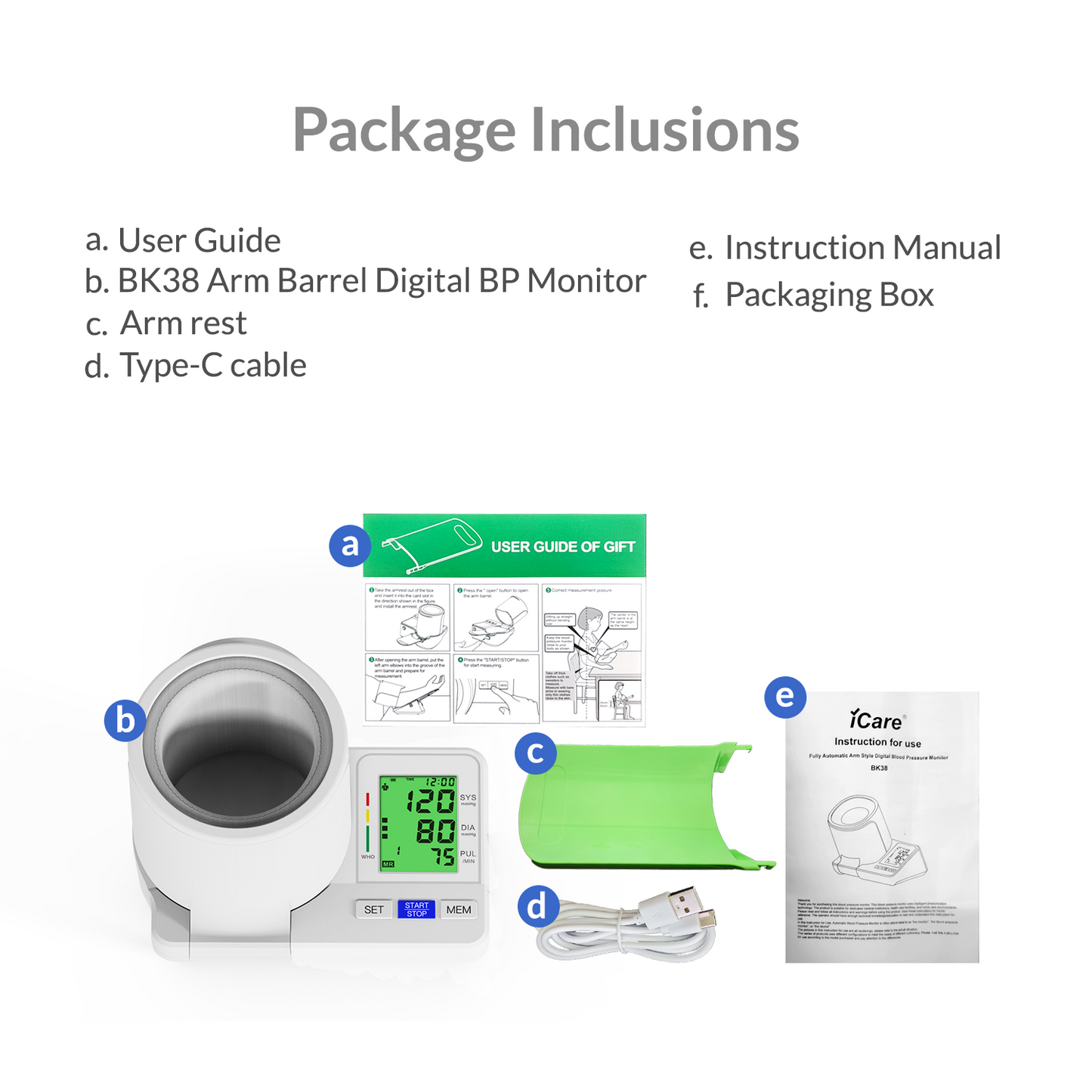 iCare BK38 Rechargeable Blood Pressure Monitor Digital Arm-Barrel Type Size 22-36cm Cuff BP Monitor