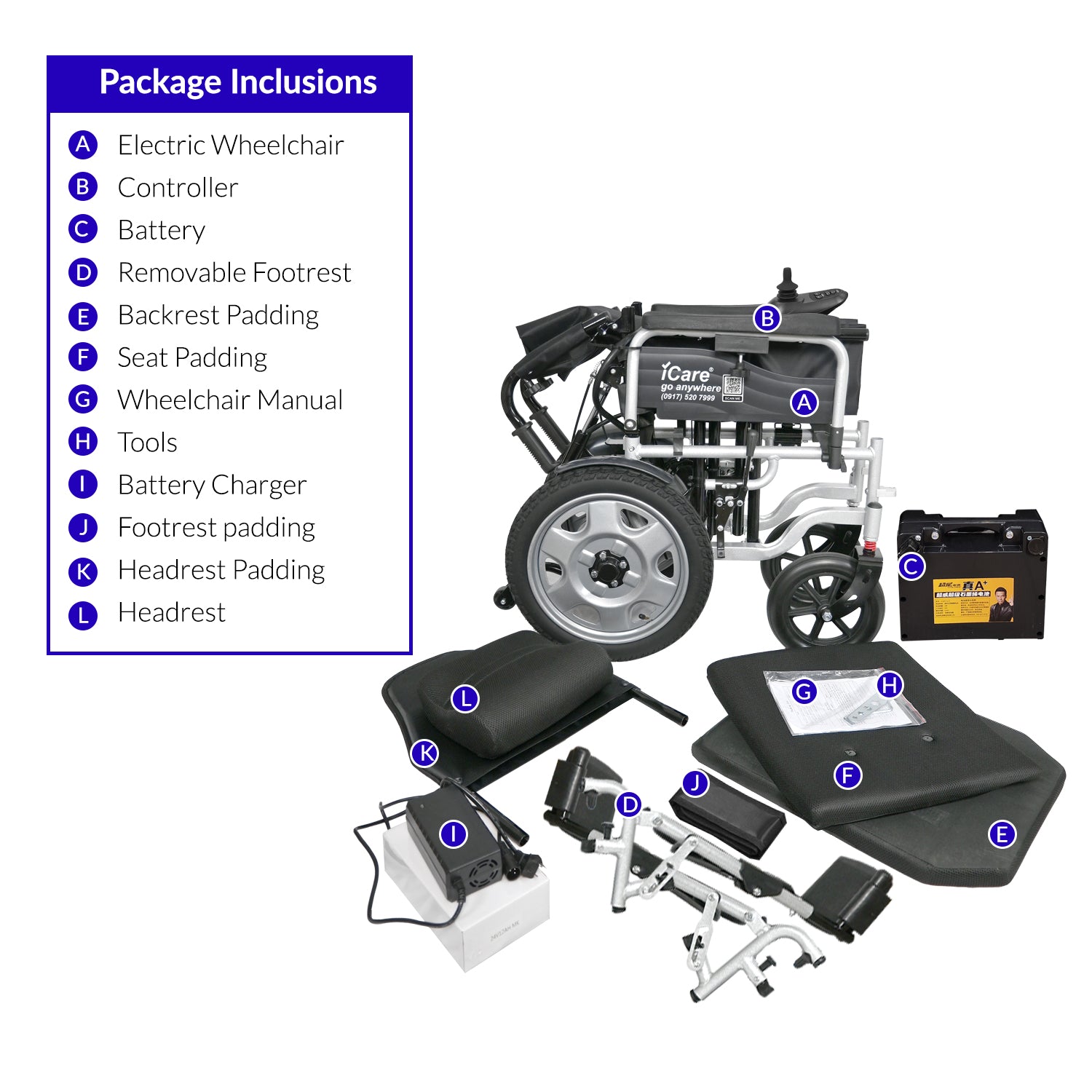 iCare® E510-XM Adjustable Electric Wheelchair(100kg Load Limit, 50kg Wheelchair Weight)