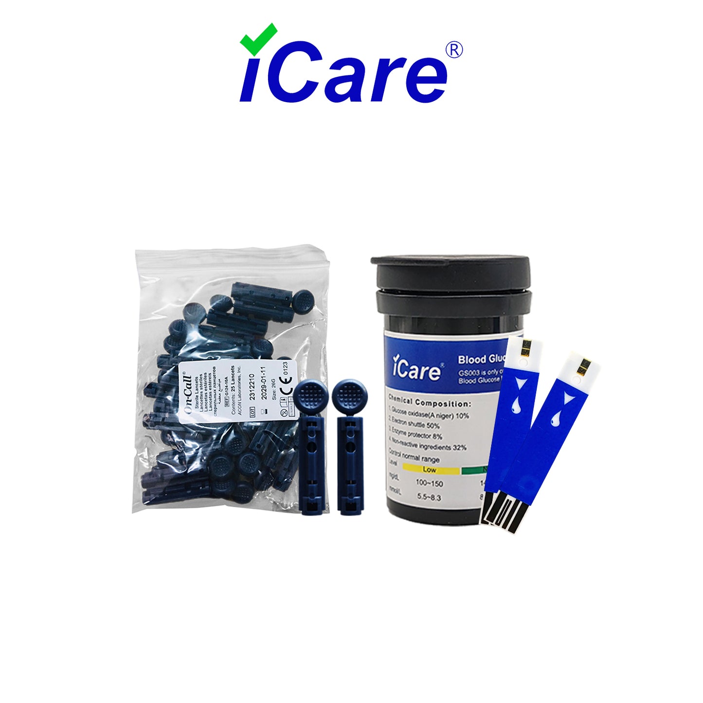 iCare 25pcs Blood Glucose Test Strips & 25pcs Lancets for BG003 Blood Glucose Meter