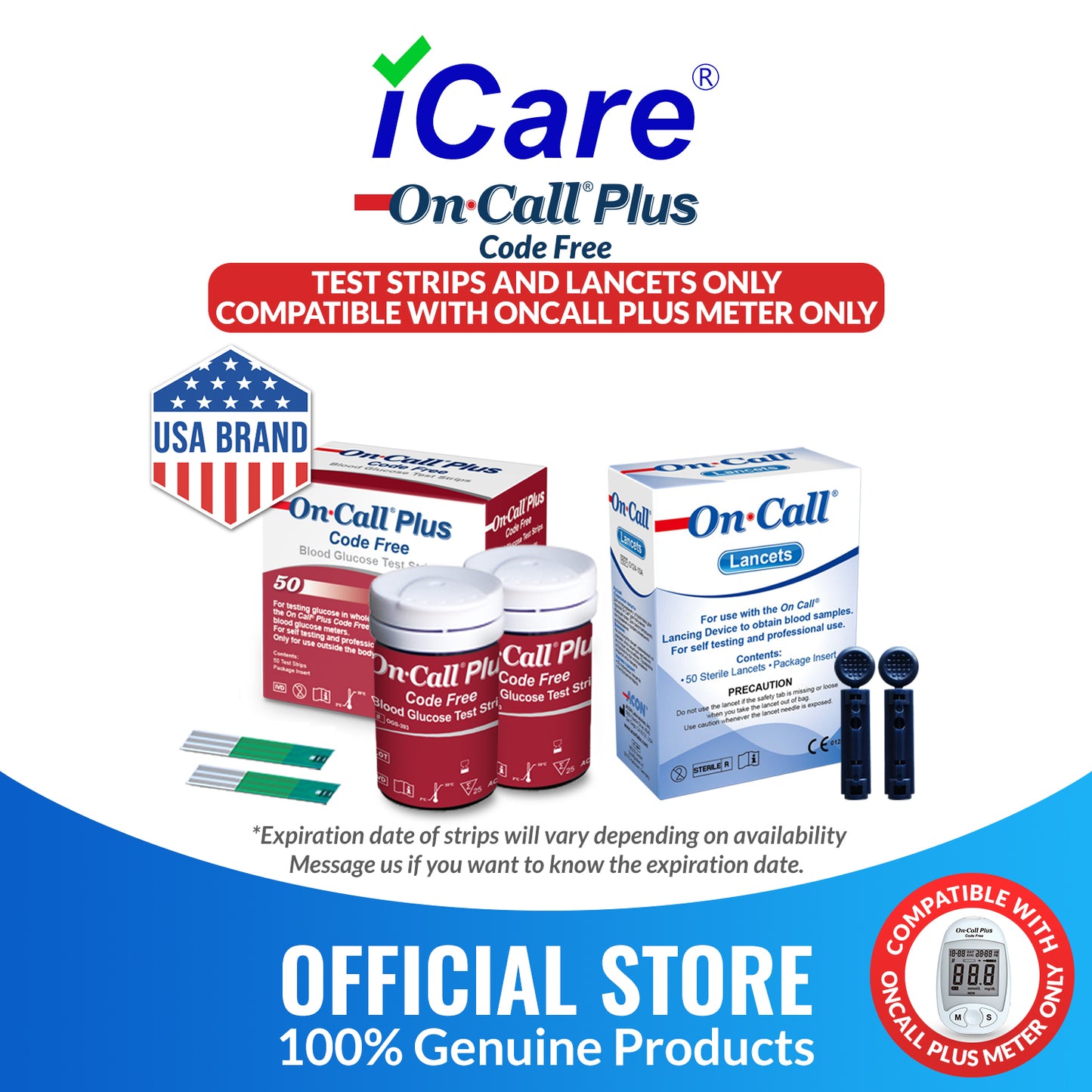 iCare® On Call Plus Code Free Test Strips and Lancets ONLY COMPATIBLE WITH On Call Plus (Code-Free) GLUCOSE METER SA