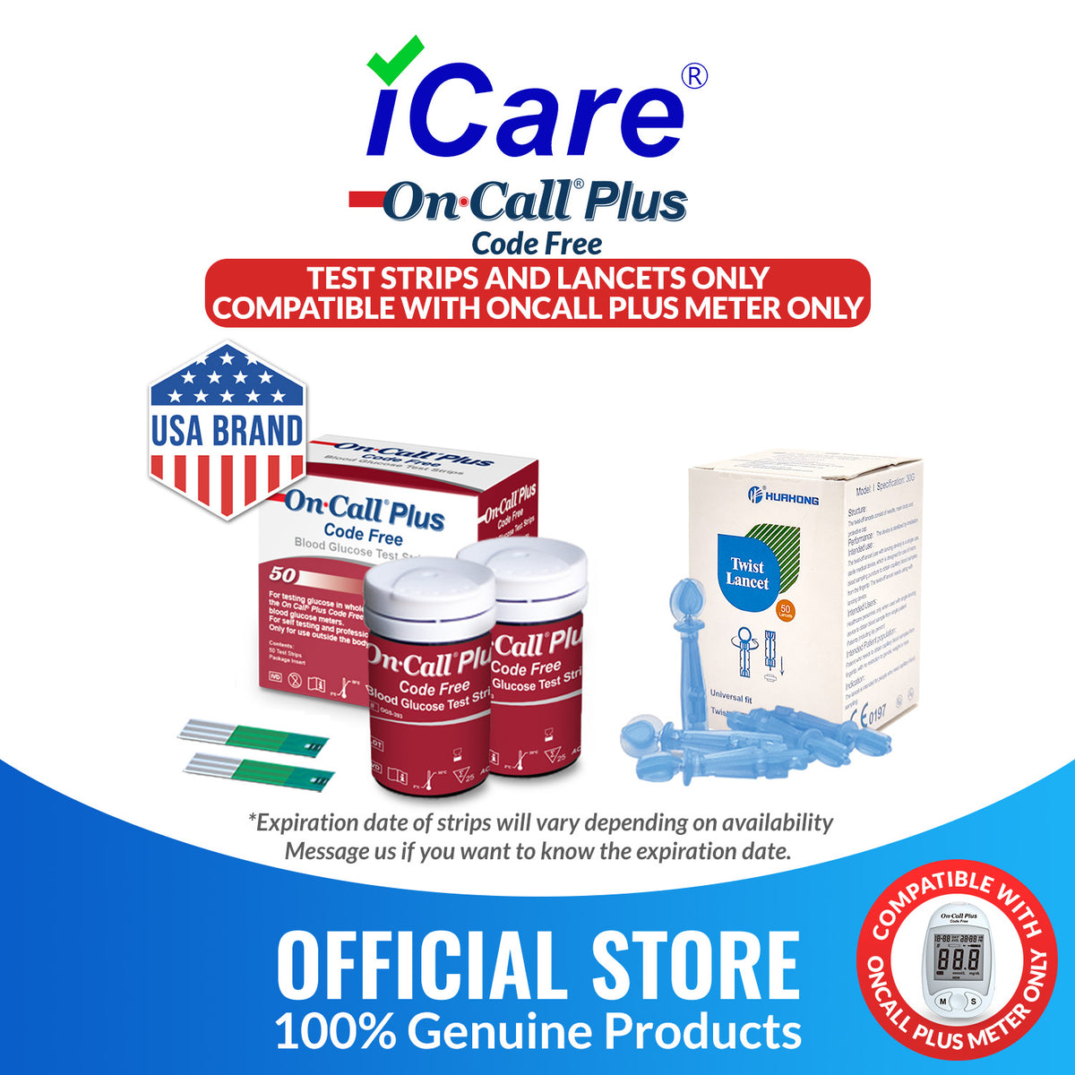 iCare® On Call Plus Code Free Test Strips and Lancets ONLY COMPATIBLE WITH On Call Plus (Code-Free) GLUCOSE METER SA
