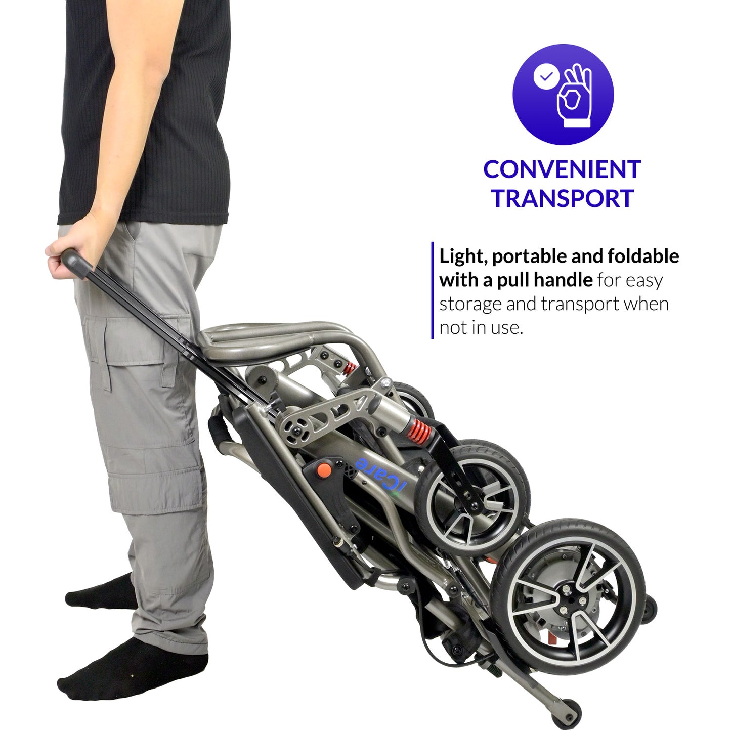 iCare LUX871 Portable Travel-Friendly Electric Wheelchair with Removable Lithium Battery Lightweight Aluminum Frame