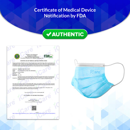 iCare® REF285 Disposable Face Mask ( Type II For Medical Use) 5 Boxes(250pcs) with Comfortable Elastic Earloop and Embedded Nose Clip Design, 3ply Breathable Melt-Blown and Non-Woven Fabric for Home, Office and Outdoor