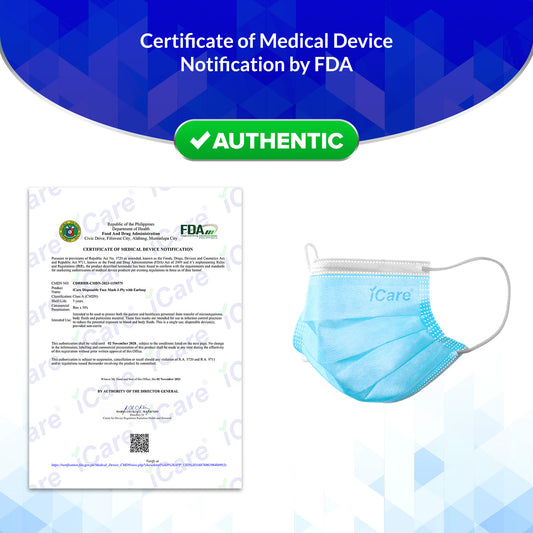 iCare® REF285 Disposable Face Mask ( Type II For Medical Use) 5 Boxes(250pcs) with Comfortable Elastic Earloop and Embedded Nose Clip Design, 3ply Breathable Melt-Blown and Non-Woven Fabric for Home, Office and Outdoor