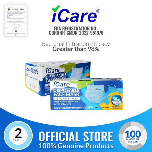 iCare® REF285 Disposable Face Mask (Type II For Medical Use) 2 Boxes(100pcs) with Comfortable Elastic Earloop and Embedded Nose Clip Design, 3ply Breathable Melt-Blown and Non-Woven Fabric for Home, Office and Outdoor