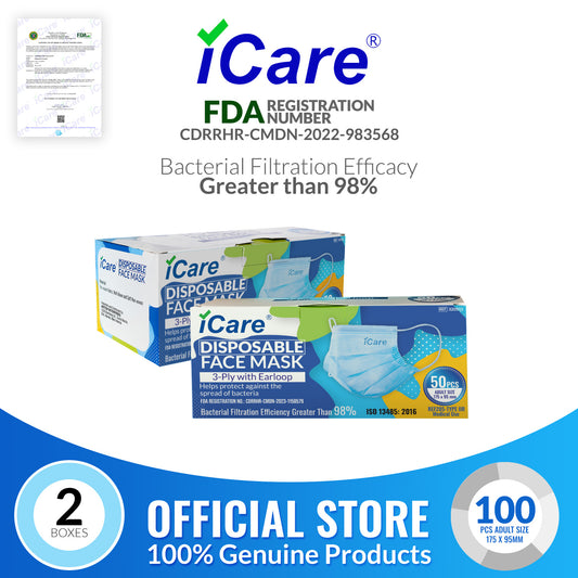 iCare® REF285 Disposable Face Mask (Type II For Medical Use) 2 Boxes(100pcs) with Comfortable Elastic Earloop and Embedded Nose Clip Design, 3ply Breathable Melt-Blown and Non-Woven Fabric for Home, Office and Outdoor