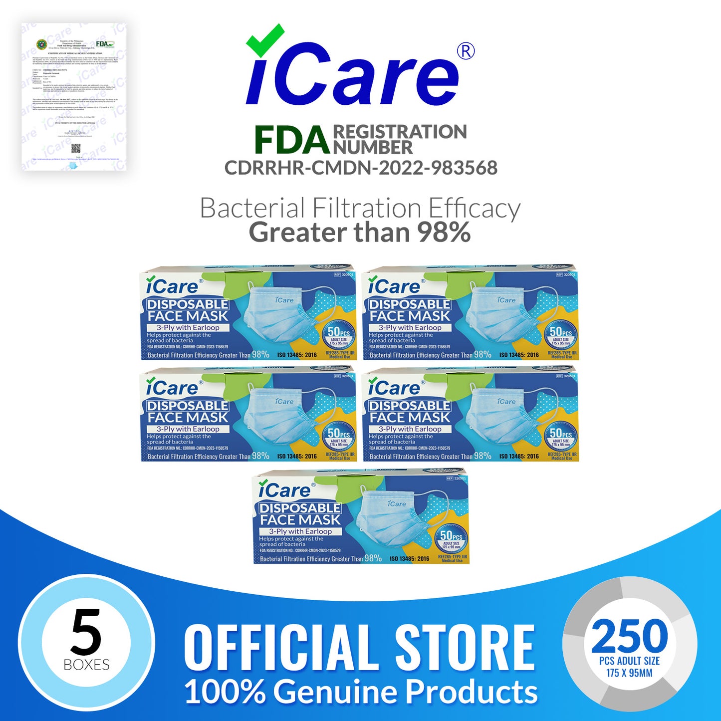 iCare® REF285 Disposable Face Mask ( Type II For Medical Use) 5 Boxes(250pcs) with Comfortable Elastic Earloop and Embedded Nose Clip Design, 3ply Breathable Melt-Blown and Non-Woven Fabric for Home, Office and Outdoor