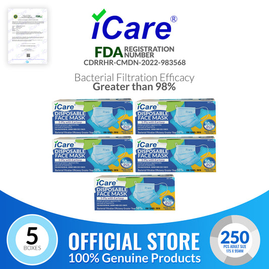 iCare® REF285 Disposable Face Mask ( Type II For Medical Use) 5 Boxes(250pcs) with Comfortable Elastic Earloop and Embedded Nose Clip Design, 3ply Breathable Melt-Blown and Non-Woven Fabric for Home, Office and Outdoor