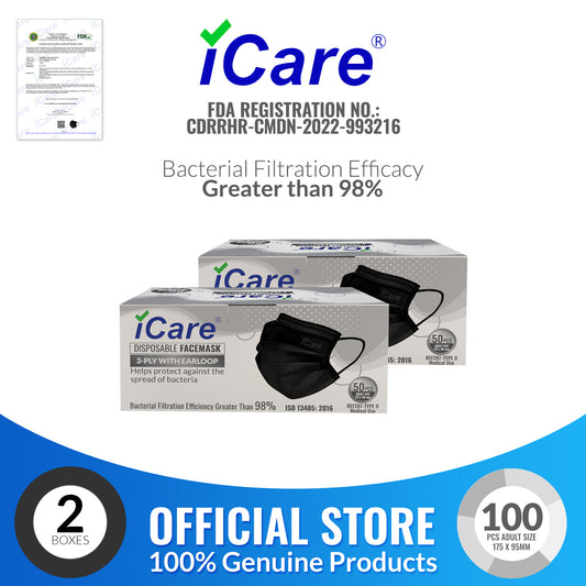 iCare® REF287 Disposable Face Mask ( Type II For Medical Use) 2 Boxes(100pcs) with Comfortable Elastic Earloop and Embedded Nose Clip Design, 3ply Breathable Melt-Blown and Non-Woven Fabric for Home, Office and Outdoor