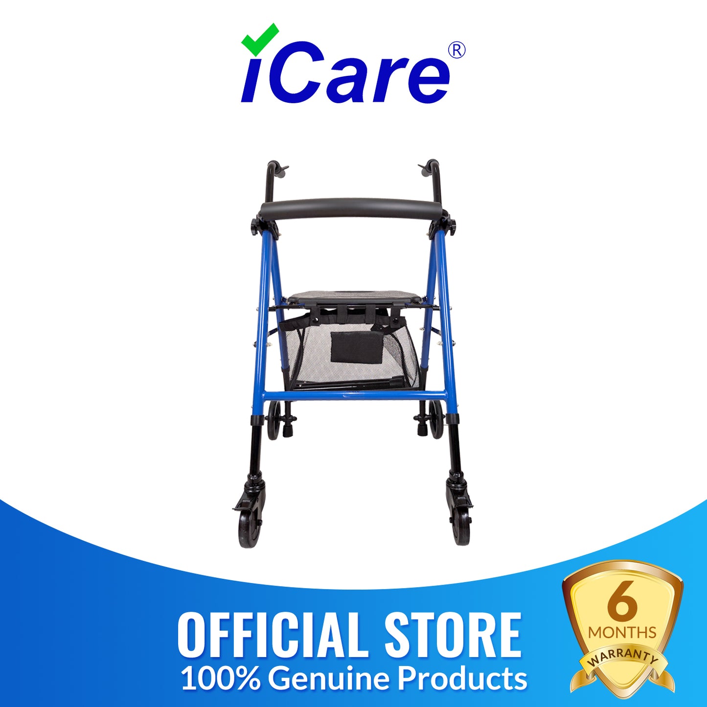 iCare® RL110 StrollMate 4 Wheel Rollator with Built in Seat, Height Adjustable Handlebar and Tubes, and Built-in Brakes for Disability, Injury Support and Elderly