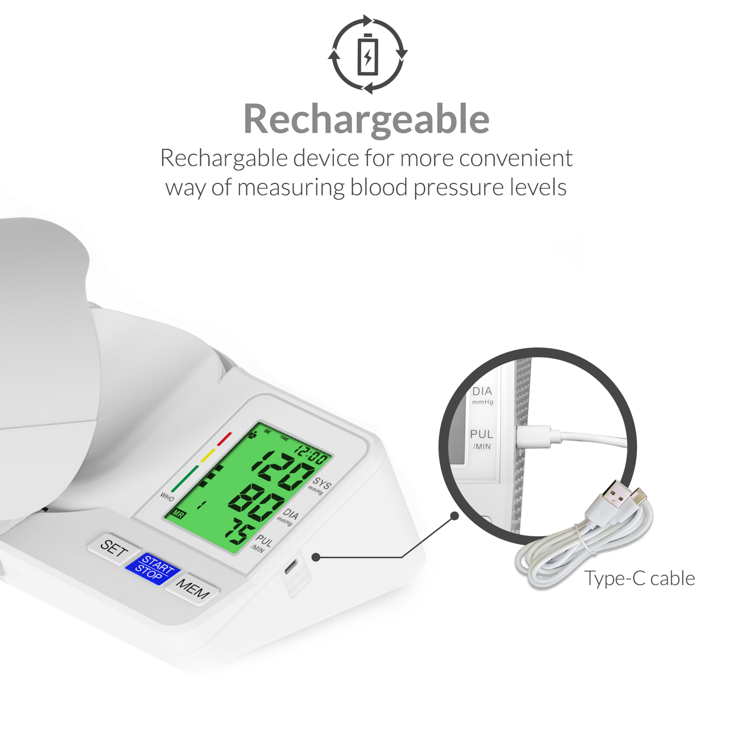 iCare BK38 Rechargeable Blood Pressure Monitor Digital Arm-Barrel Type Size 22-36cm Cuff BP Monitor