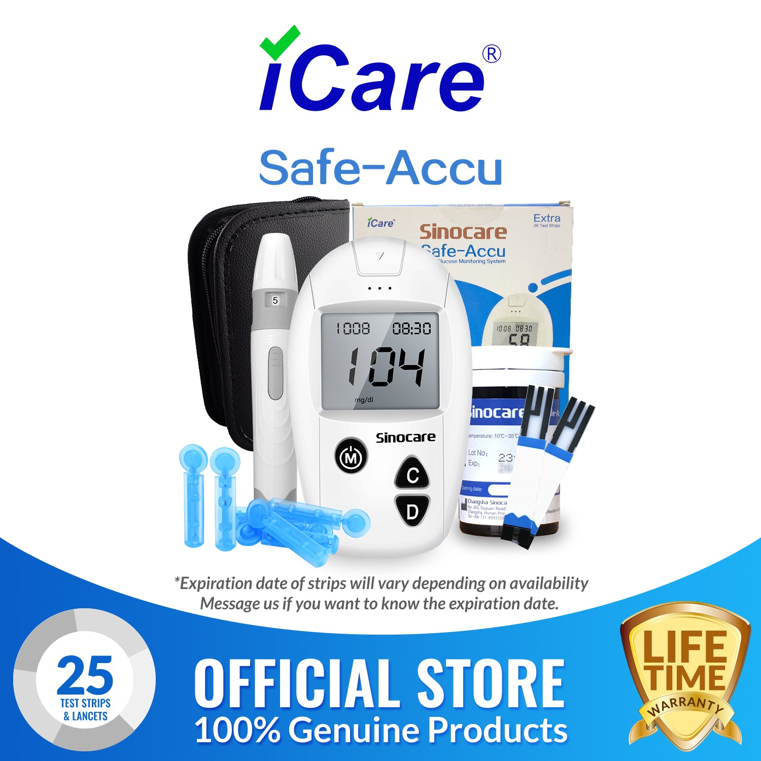 iCare® Safe Accu Blood Glucose Meter COMPLETE SET (1Meter + 25 Individually Packed Strips + 25pcs Lancets + Lancing Device) Blood Sugar Monitoring Kit SA